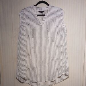 Amaryllis White and Black Vertical-Stripe V-Neck Blouse